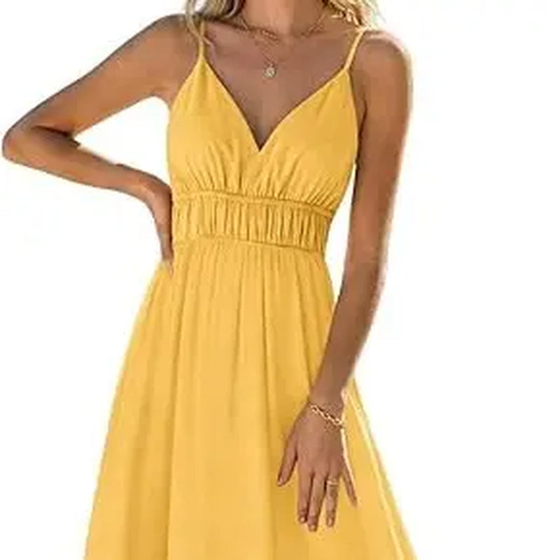 Yousify Womens Deep V Neck Maxi Dresses Sleeveless Ruched Flowy Dress Summer Casual Beach Vacation Outfits Plain Style Basic Minimalist