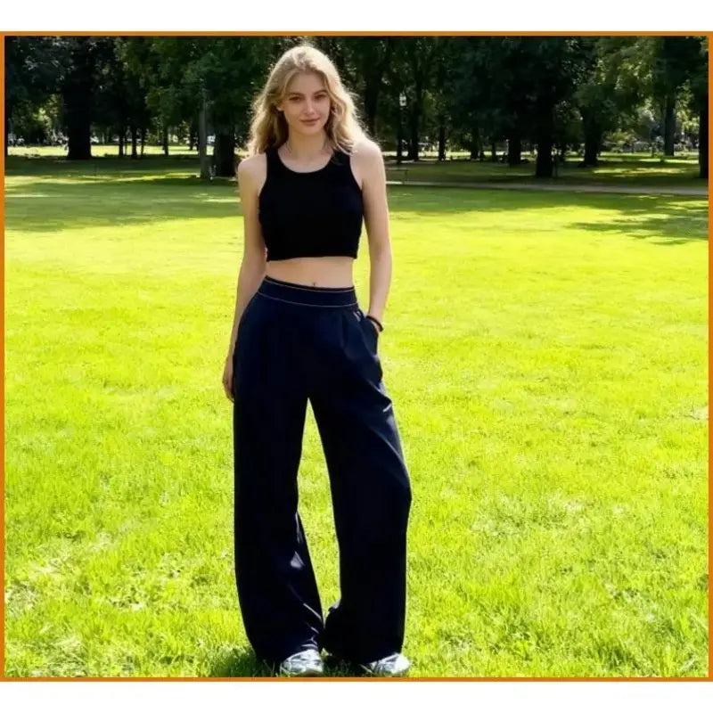 Women'S Elastic High-Waisted Wide Leg Pants - American Retro Loose Straight Lightweight Quick-Dry Breathable Casual Everyday Chic Bottoms