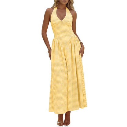 Wenrine Womens Halter V Neck Corset Maxi Dresses Summer Plaid Smocked Tie Back Backless Wedding Guest Drop Waist Dress