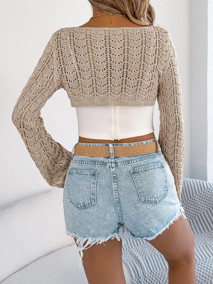 Women's Casual Long Sleeve Hollow Out Knit Crop Sweater for Spring Fashion