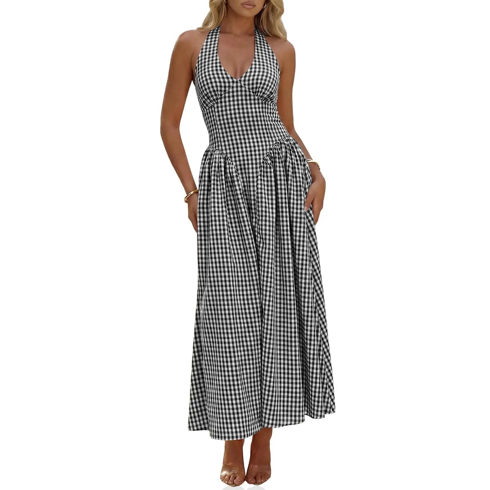 Wenrine Womens Halter V Neck Corset Maxi Dresses Summer Plaid Smocked Tie Back Backless Wedding Guest Drop Waist Dress