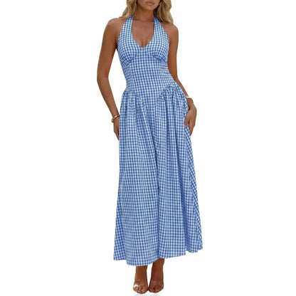 Wenrine Womens Halter V Neck Corset Maxi Dresses Summer Plaid Smocked Tie Back Backless Wedding Guest Drop Waist Dress