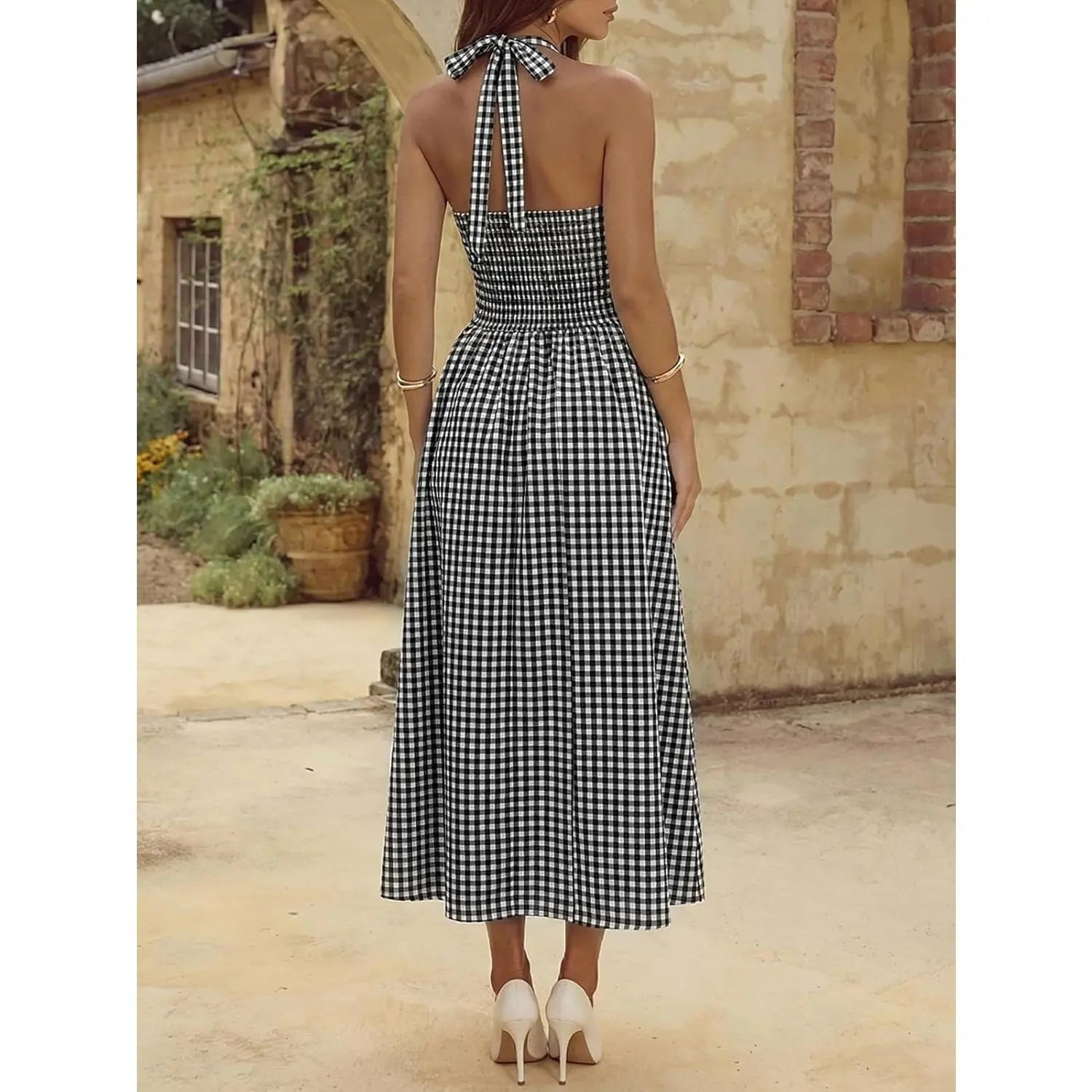Wenrine Womens Halter V Neck Corset Maxi Dresses Summer Plaid Smocked Tie Back Backless Wedding Guest Drop Waist Dress