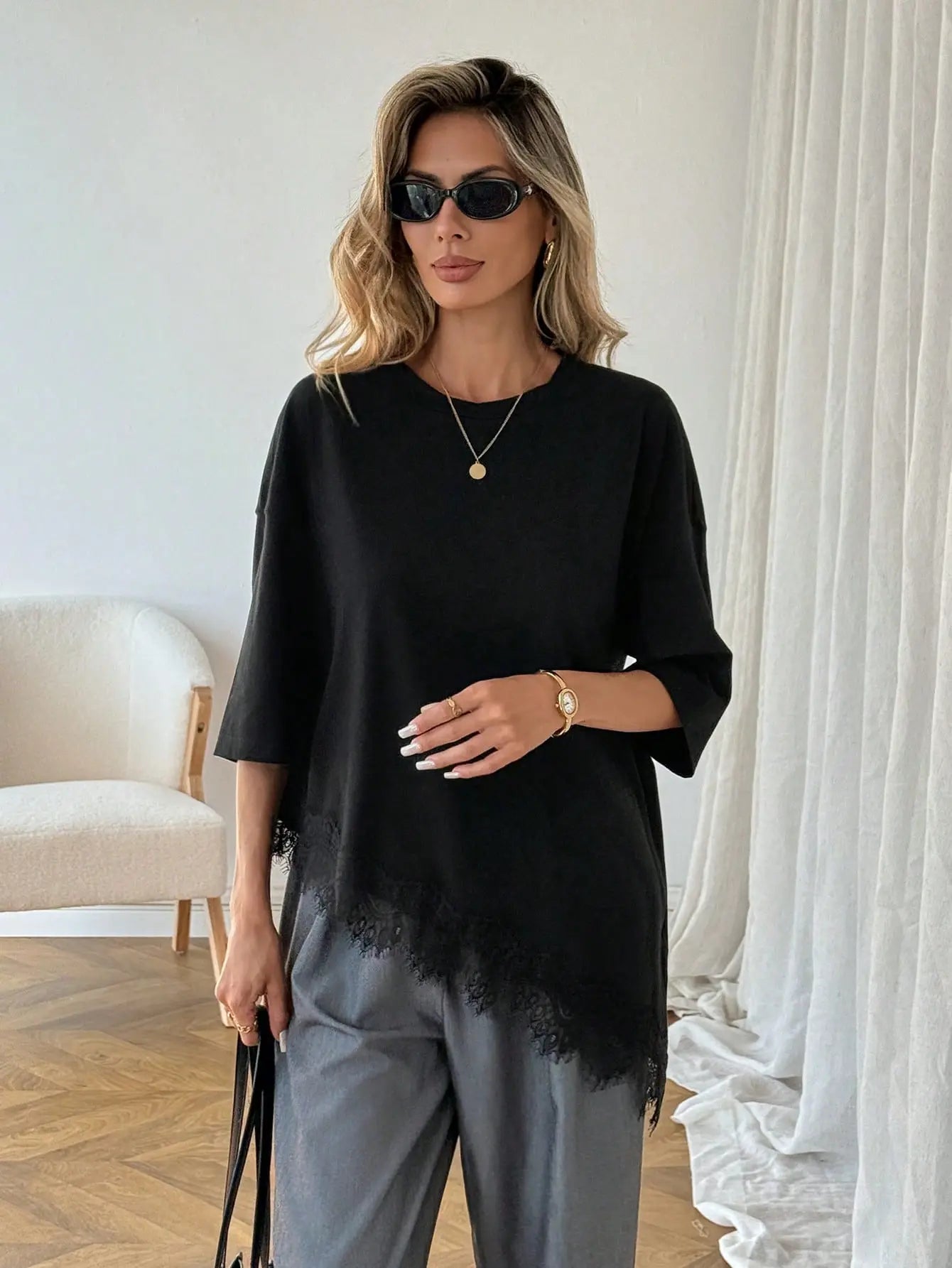 Elengatine Women'S Minimalist Lightweight Breathable Cotton Tunic Tee - Short Sleeve, round Neck, Stretchy Fabric, Soft Loose Fit, Feminine Lace Hem, Basic Streetwear Piece for Daily & Lounge Wear