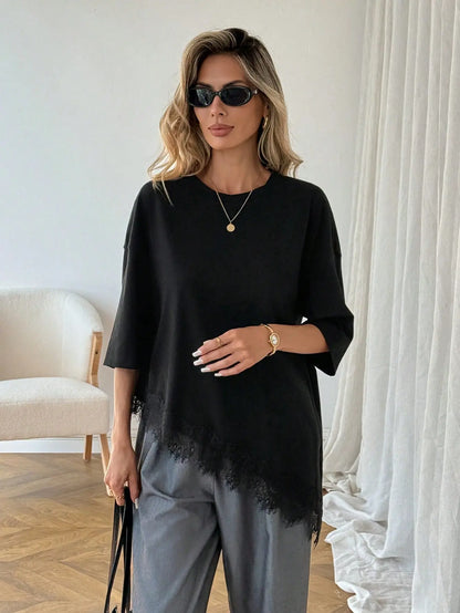 Elengatine Women'S Minimalist Lightweight Breathable Cotton Tunic Tee - Short Sleeve, round Neck, Stretchy Fabric, Soft Loose Fit, Feminine Lace Hem, Basic Streetwear Piece for Daily & Lounge Wear