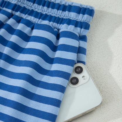 Asvivid Women's Striped Ribbed Cotton Two-Piece Summer Set with Chest Patch Detail - Casual and Breathable Fashion Top and Shorts