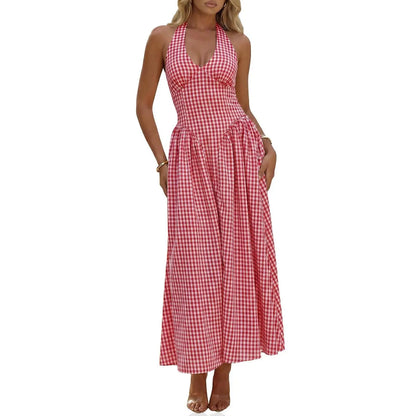Wenrine Womens Halter V Neck Corset Maxi Dresses Summer Plaid Smocked Tie Back Backless Wedding Guest Drop Waist Dress