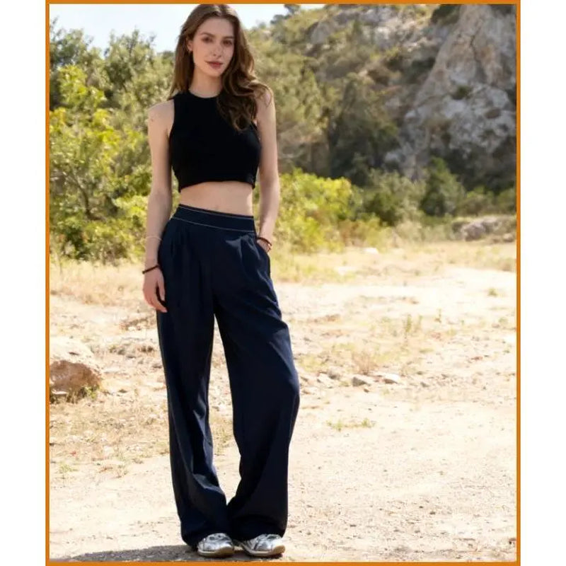 Women'S Elastic High-Waisted Wide Leg Pants - American Retro Loose Straight Lightweight Quick-Dry Breathable Casual Everyday Chic Bottoms