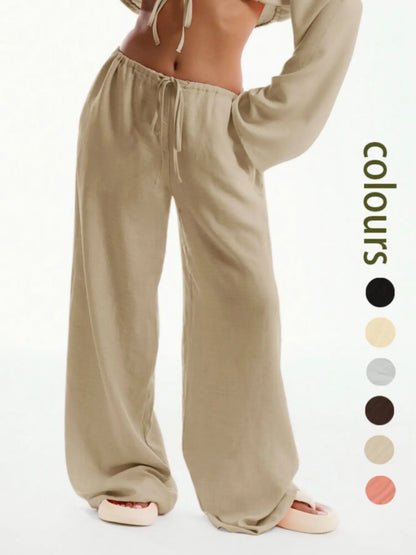 Women's Solid Pocket Wide Leg Trousers - Casual and Comfortable Pants for Beach Vacations and Year-Round Wear
