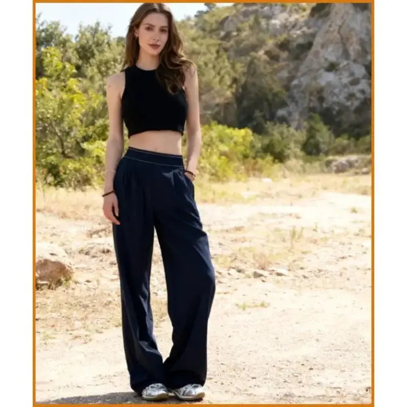 Women'S Elastic High-Waisted Wide Leg Pants - American Retro Loose Straight Lightweight Quick-Dry Breathable Casual Everyday Chic Bottoms