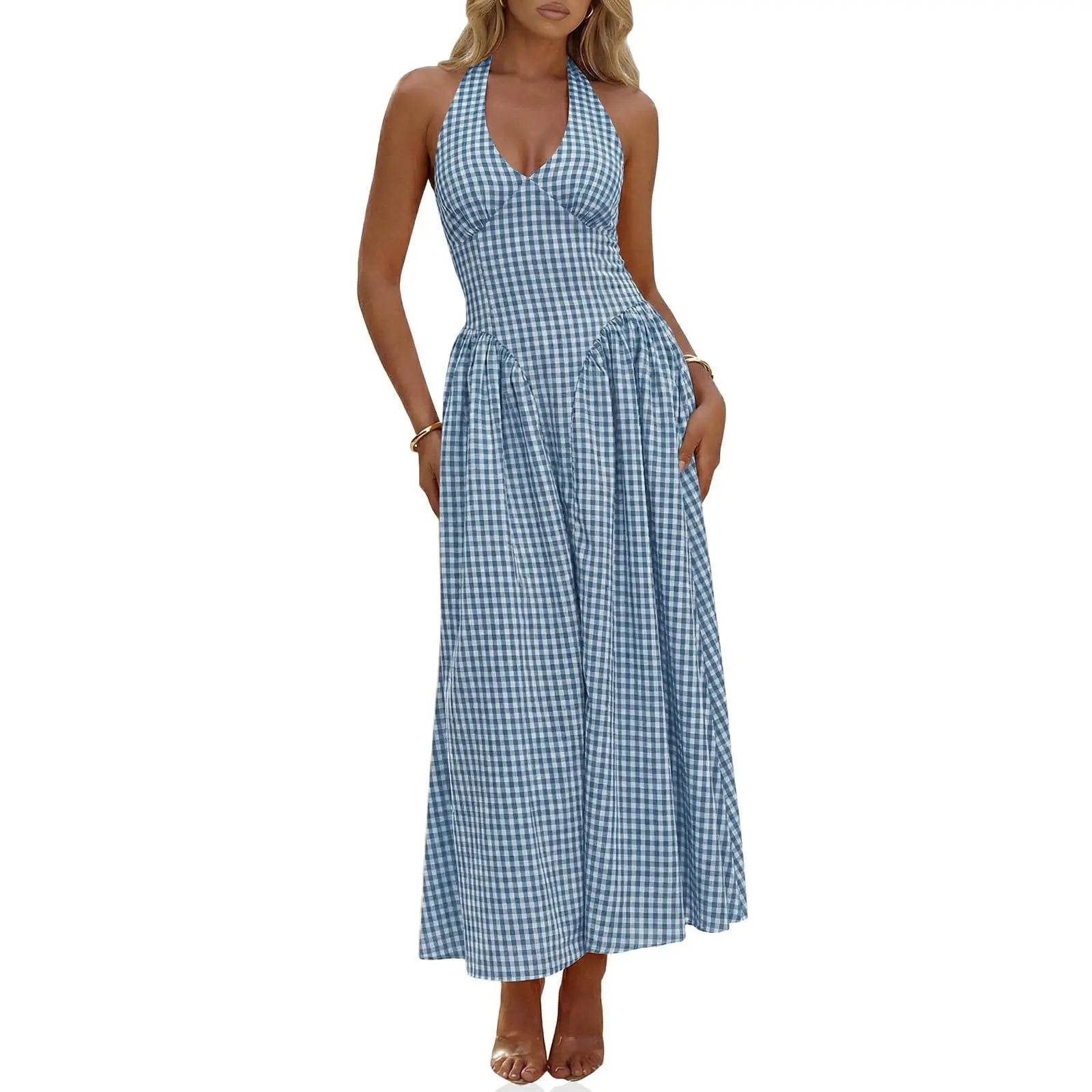 Wenrine Womens Halter V Neck Corset Maxi Dresses Summer Plaid Smocked Tie Back Backless Wedding Guest Drop Waist Dress