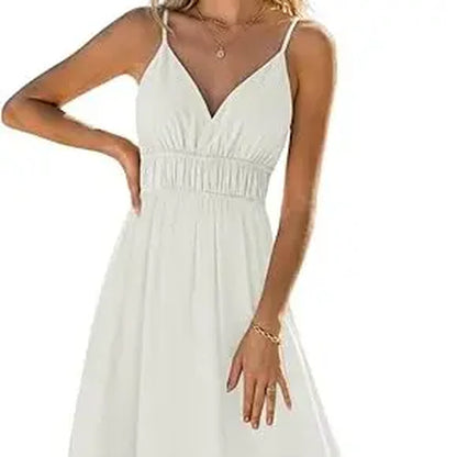 Yousify Womens Deep V Neck Maxi Dresses Sleeveless Ruched Flowy Dress Summer Casual Beach Vacation Outfits Plain Style Basic Minimalist