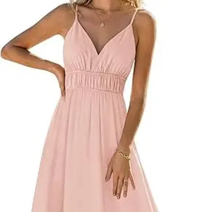 Yousify Womens Deep V Neck Maxi Dresses Sleeveless Ruched Flowy Dress Summer Casual Beach Vacation Outfits Plain Style Basic Minimalist