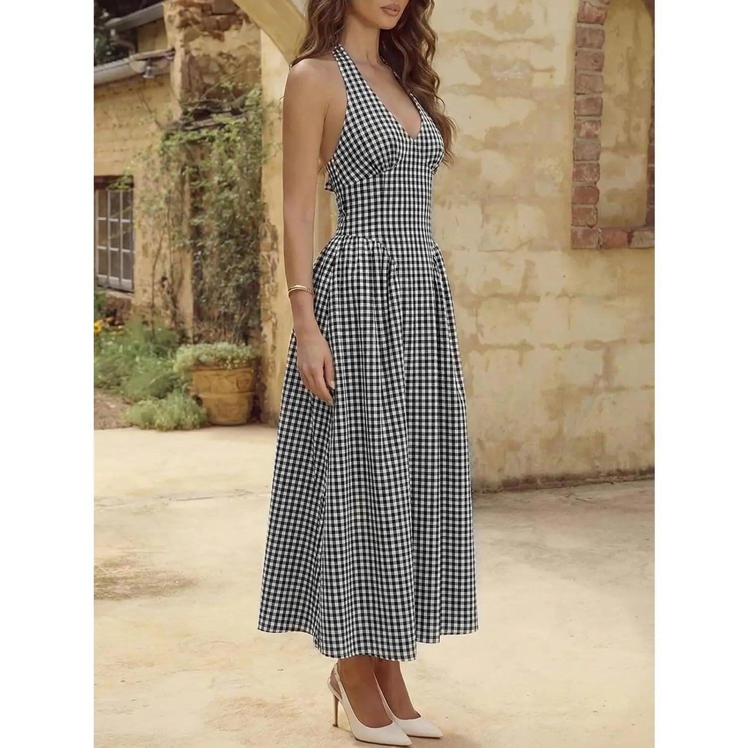 Wenrine Womens Halter V Neck Corset Maxi Dresses Summer Plaid Smocked Tie Back Backless Wedding Guest Drop Waist Dress