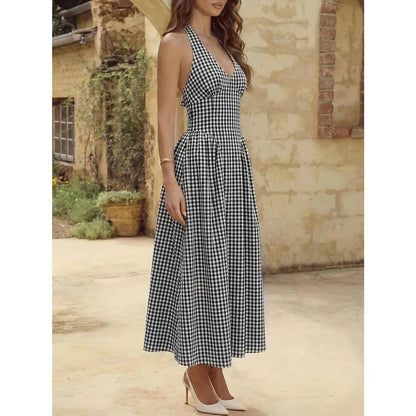 Wenrine Womens Halter V Neck Corset Maxi Dresses Summer Plaid Smocked Tie Back Backless Wedding Guest Drop Waist Dress