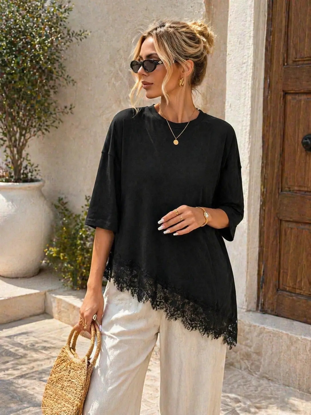 Elengatine Women'S Minimalist Lightweight Breathable Cotton Tunic Tee - Short Sleeve, round Neck, Stretchy Fabric, Soft Loose Fit, Feminine Lace Hem, Basic Streetwear Piece for Daily & Lounge Wear