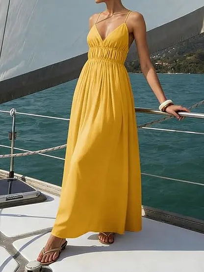 Yousify Womens Deep V Neck Maxi Dresses Sleeveless Ruched Flowy Dress Summer Casual Beach Vacation Outfits Plain Style Basic Minimalist
