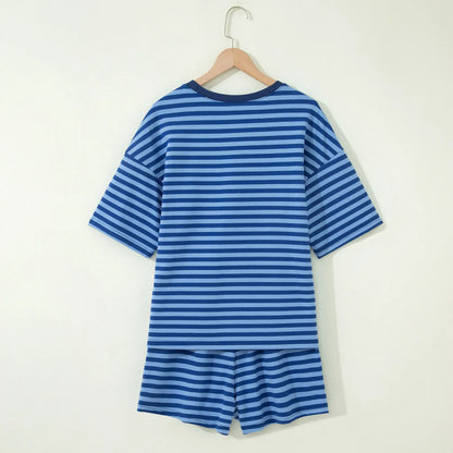 Asvivid Women's Striped Ribbed Cotton Two-Piece Summer Set with Chest Patch Detail - Casual and Breathable Fashion Top and Shorts