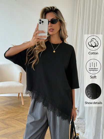 Elengatine Women'S Minimalist Lightweight Breathable Cotton Tunic Tee - Short Sleeve, round Neck, Stretchy Fabric, Soft Loose Fit, Feminine Lace Hem, Basic Streetwear Piece for Daily & Lounge Wear