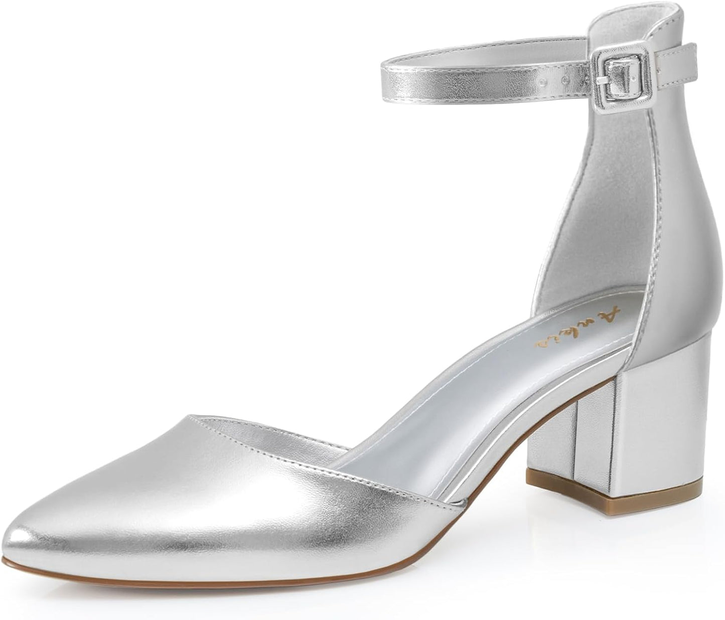Step into Elegance with Ankis Women's Pointed Toe Closed Toe Heels – Stylish Low Block Pumps with Ankle Strap in Black, Nude, Gold, and Silver