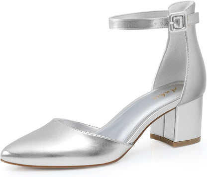 Step into Elegance with Ankis Women's Pointed Toe Closed Toe Heels – Stylish Low Block Pumps with Ankle Strap in Black, Nude, Gold, and Silver