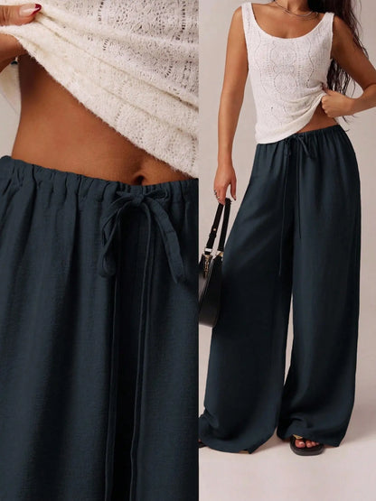 Women's Solid Pocket Wide Leg Trousers - Casual and Comfortable Pants for Beach Vacations and Year-Round Wear