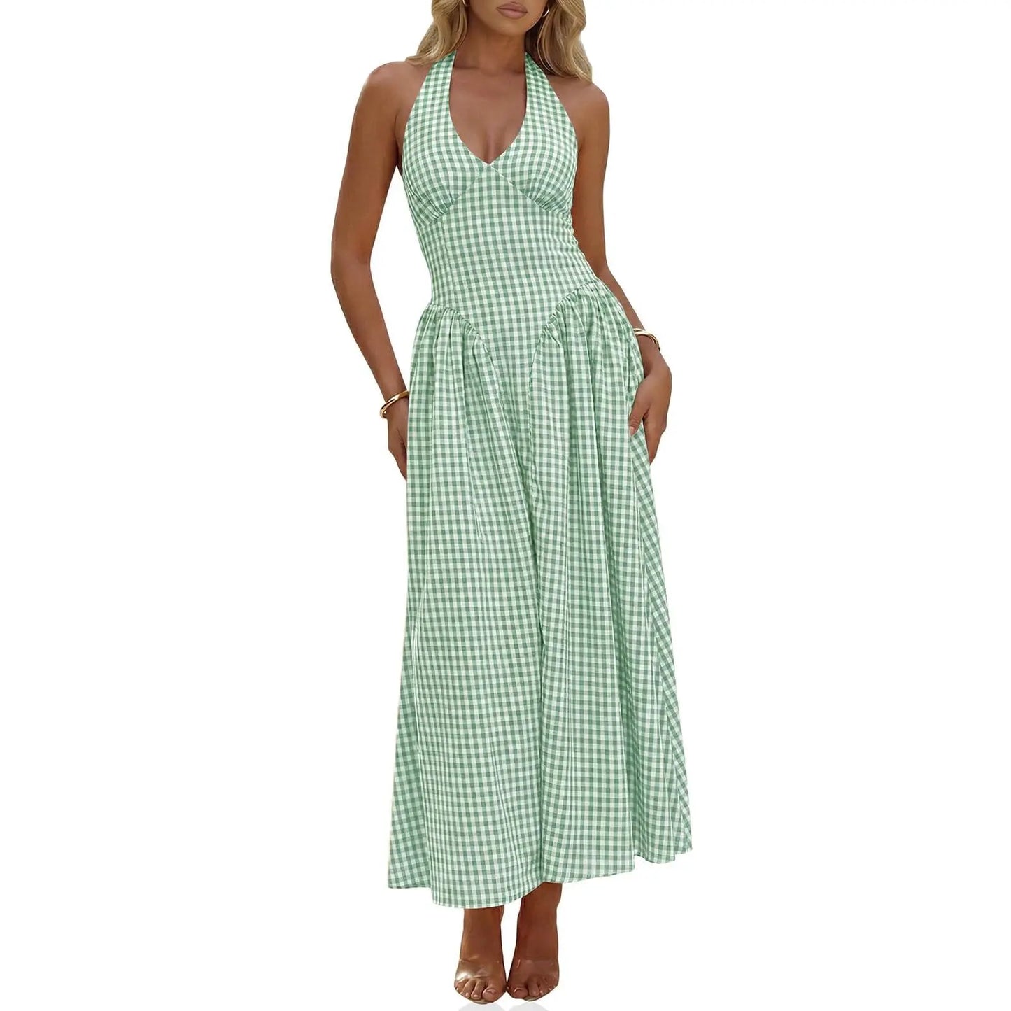 Wenrine Womens Halter V Neck Corset Maxi Dresses Summer Plaid Smocked Tie Back Backless Wedding Guest Drop Waist Dress