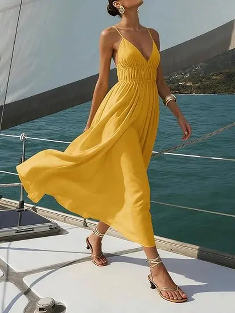 Yousify Womens Deep V Neck Maxi Dresses Sleeveless Ruched Flowy Dress Summer Casual Beach Vacation Outfits Plain Style Basic Minimalist