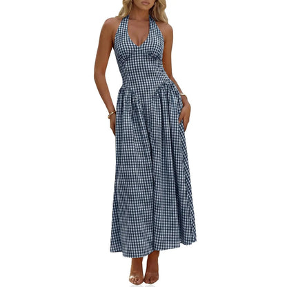 Wenrine Womens Halter V Neck Corset Maxi Dresses Summer Plaid Smocked Tie Back Backless Wedding Guest Drop Waist Dress
