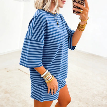 Asvivid Women's Striped Ribbed Cotton Two-Piece Summer Set with Chest Patch Detail - Casual and Breathable Fashion Top and Shorts