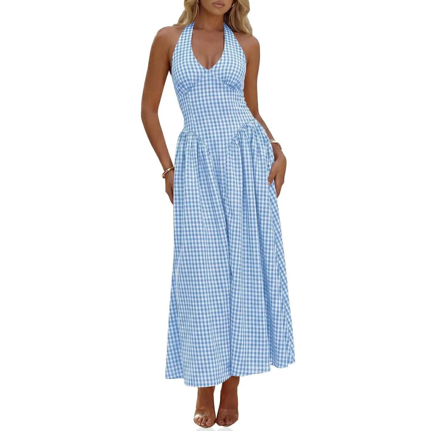 Wenrine Womens Halter V Neck Corset Maxi Dresses Summer Plaid Smocked Tie Back Backless Wedding Guest Drop Waist Dress