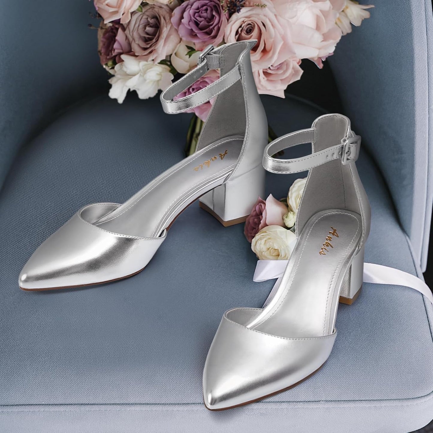 Step into Elegance with Ankis Women's Pointed Toe Closed Toe Heels – Stylish Low Block Pumps with Ankle Strap in Black, Nude, Gold, and Silver