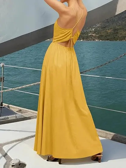 Yousify Womens Deep V Neck Maxi Dresses Sleeveless Ruched Flowy Dress Summer Casual Beach Vacation Outfits Plain Style Basic Minimalist
