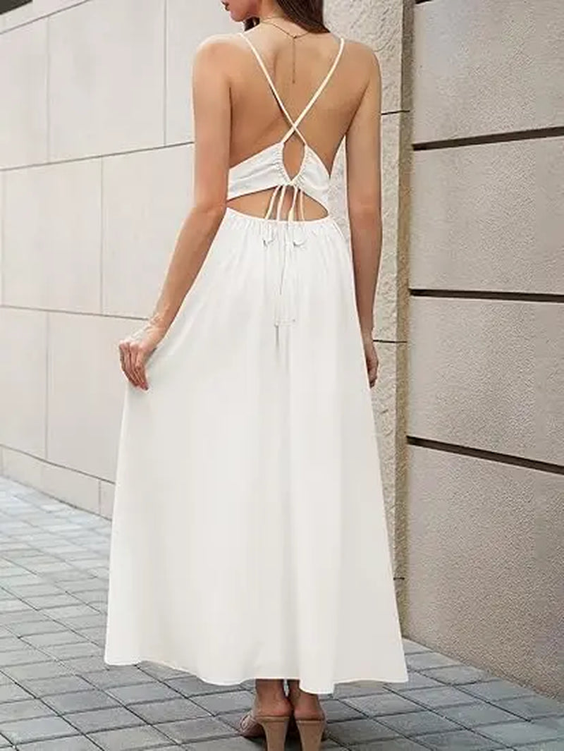 Yousify Womens Deep V Neck Maxi Dresses Sleeveless Ruched Flowy Dress Summer Casual Beach Vacation Outfits Plain Style Basic Minimalist