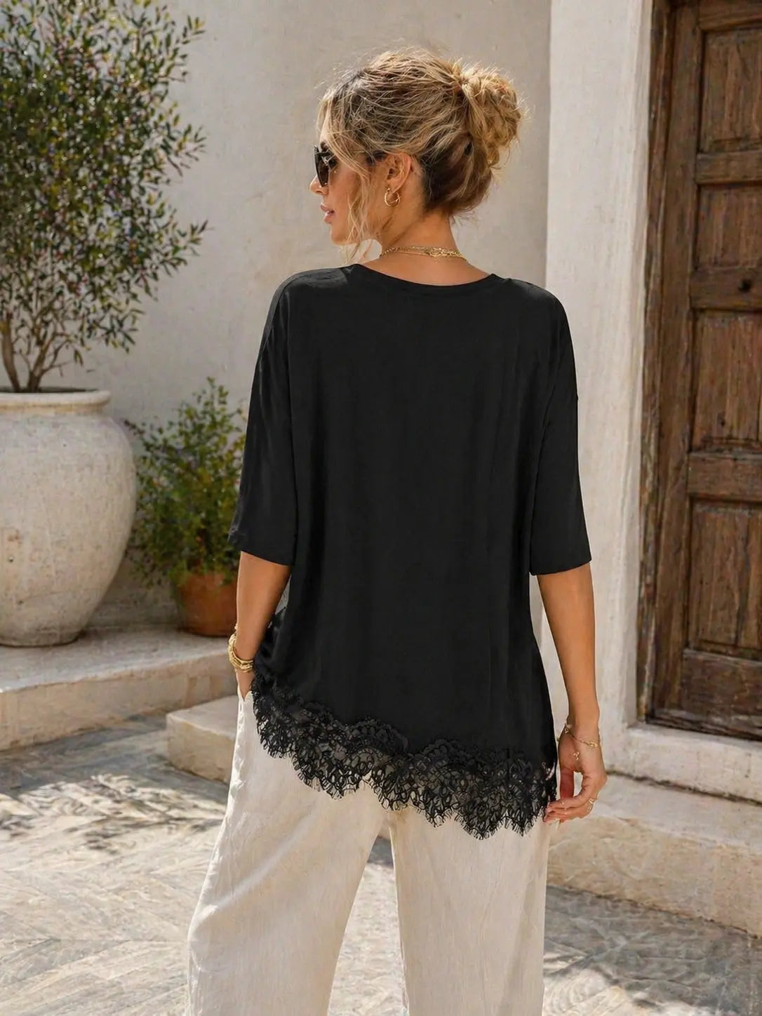 Elengatine Women'S Minimalist Lightweight Breathable Cotton Tunic Tee - Short Sleeve, round Neck, Stretchy Fabric, Soft Loose Fit, Feminine Lace Hem, Basic Streetwear Piece for Daily & Lounge Wear