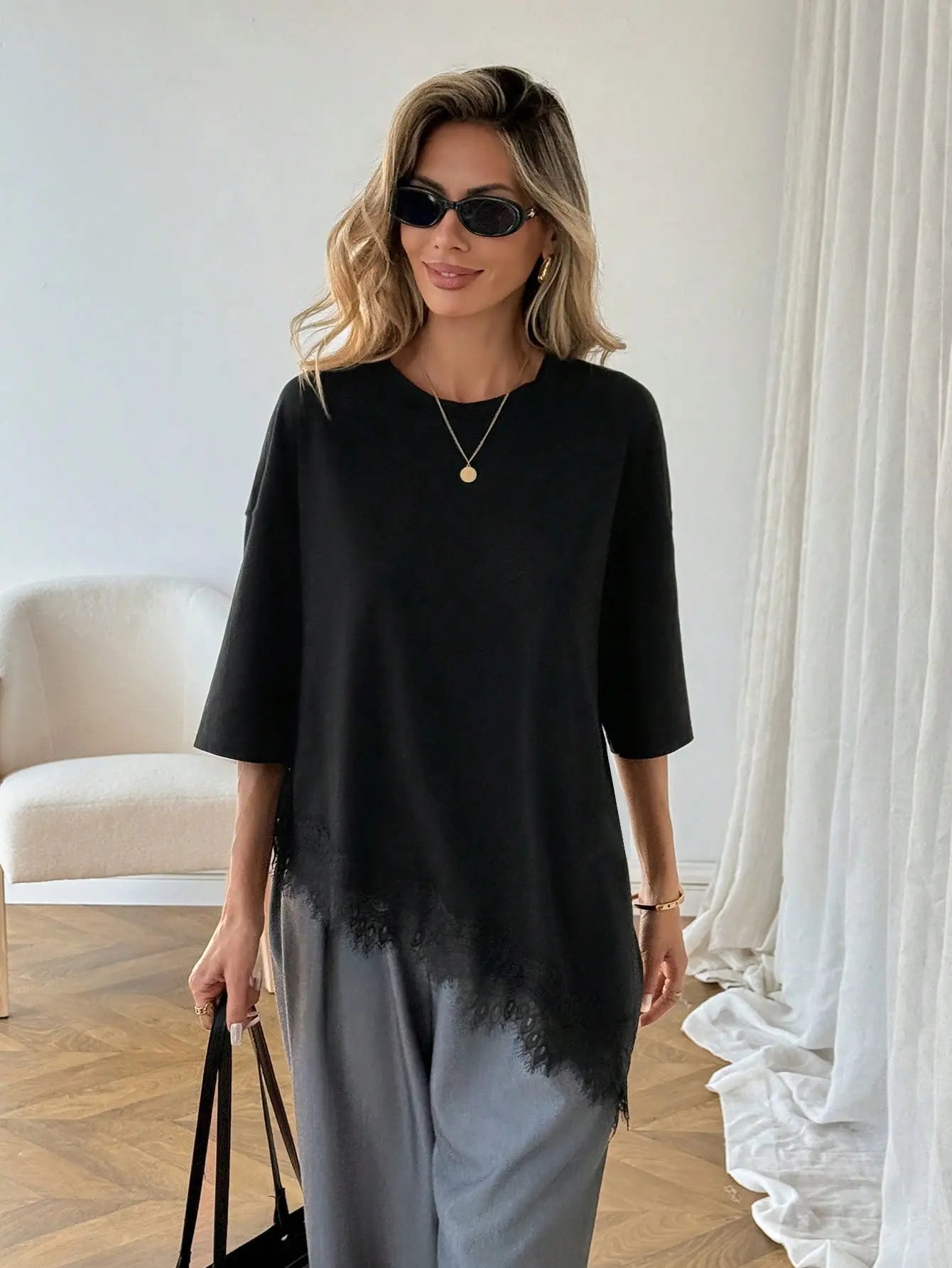 Elengatine Women'S Minimalist Lightweight Breathable Cotton Tunic Tee - Short Sleeve, round Neck, Stretchy Fabric, Soft Loose Fit, Feminine Lace Hem, Basic Streetwear Piece for Daily & Lounge Wear
