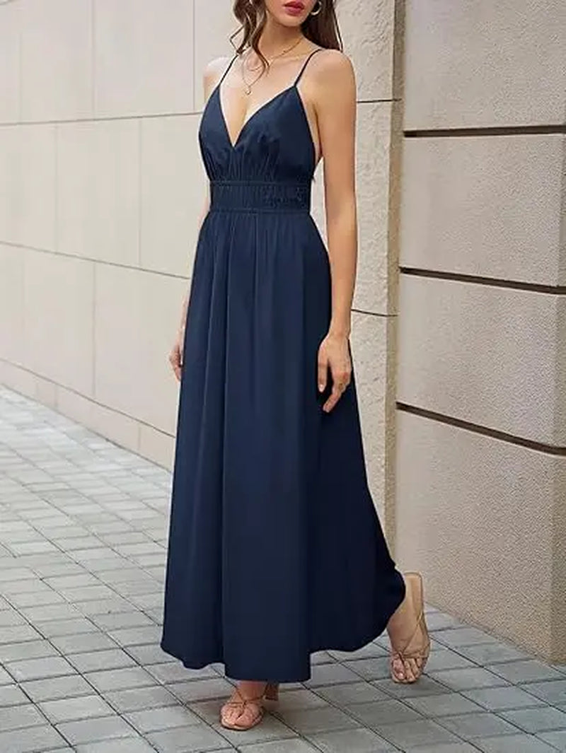 Yousify Womens Deep V Neck Maxi Dresses Sleeveless Ruched Flowy Dress Summer Casual Beach Vacation Outfits Plain Style Basic Minimalist