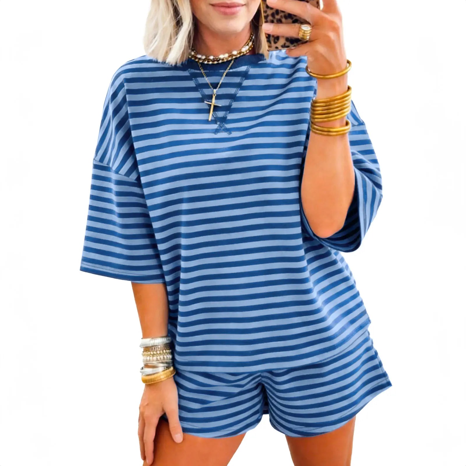 Asvivid Women's Striped Ribbed Cotton Two-Piece Summer Set with Chest Patch Detail - Casual and Breathable Fashion Top and Shorts