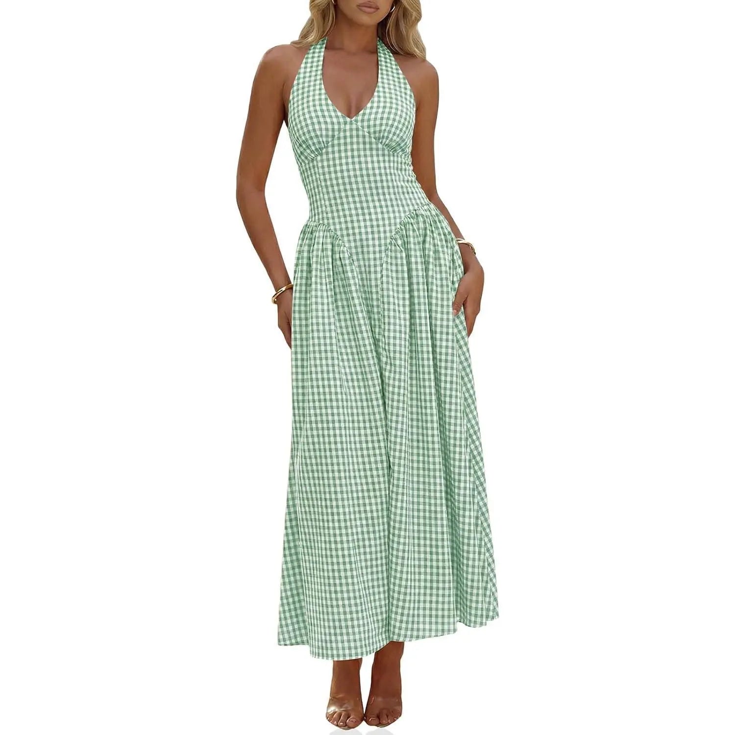 Wenrine Womens Halter V Neck Corset Maxi Dresses Summer Plaid Smocked Tie Back Backless Wedding Guest Drop Waist Dress