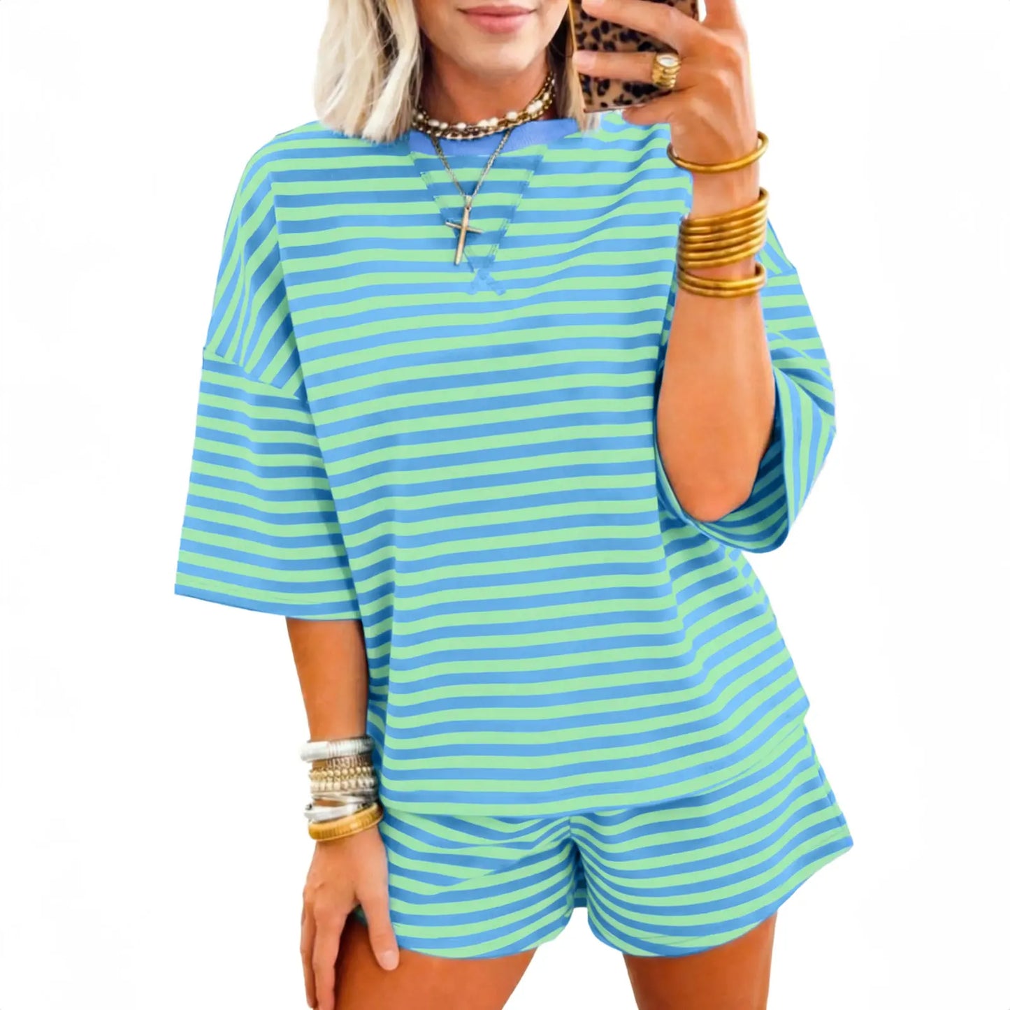 Asvivid Women's Striped Ribbed Cotton Two-Piece Summer Set with Chest Patch Detail - Casual and Breathable Fashion Top and Shorts