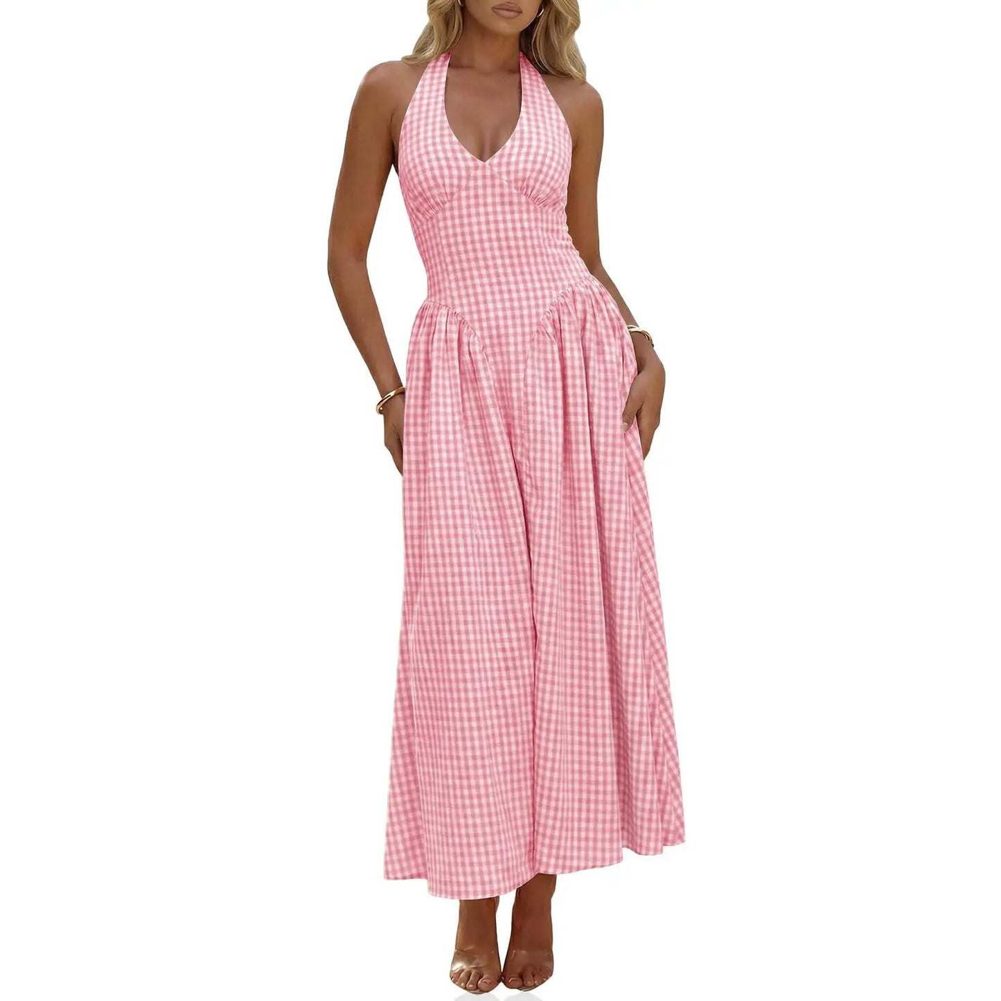 Wenrine Womens Halter V Neck Corset Maxi Dresses Summer Plaid Smocked Tie Back Backless Wedding Guest Drop Waist Dress