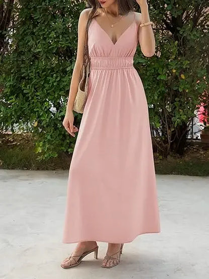 Yousify Womens Deep V Neck Maxi Dresses Sleeveless Ruched Flowy Dress Summer Casual Beach Vacation Outfits Plain Style Basic Minimalist