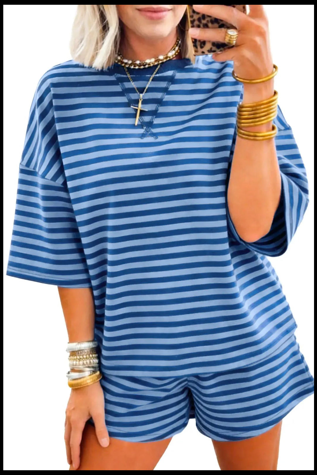 Asvivid Women's Striped Ribbed Cotton Two-Piece Summer Set with Chest Patch Detail - Casual and Breathable Fashion Top and Shorts