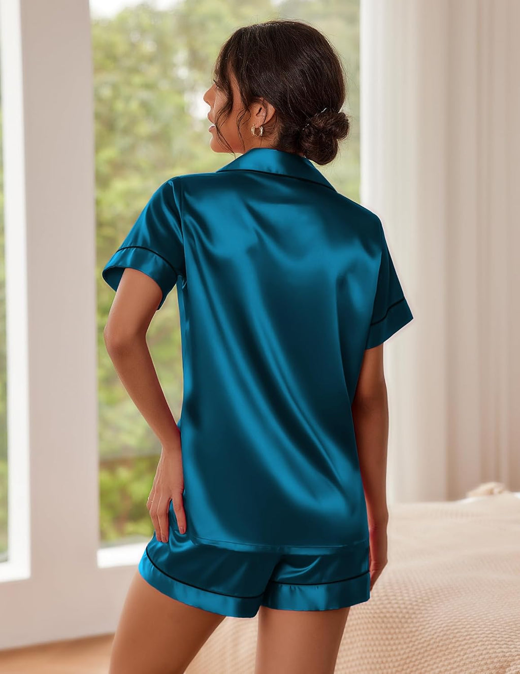 Pajamas for Women Set Silk Satin Pjs Button down Sleepwear Summer Loungewear Top and Shorts Lounge 