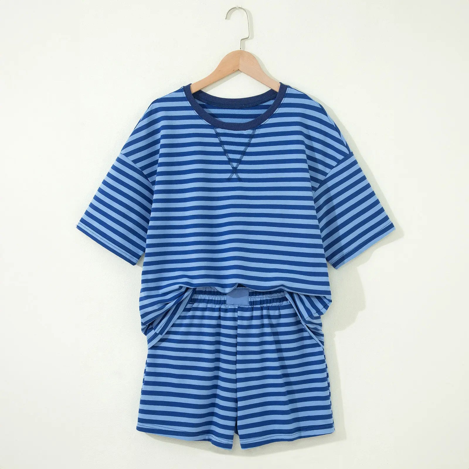 Asvivid Women's Striped Ribbed Cotton Two-Piece Summer Set with Chest Patch Detail - Casual and Breathable Fashion Top and Shorts