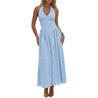 Wenrine Womens Halter V Neck Corset Maxi Dresses Summer Plaid Smocked Tie Back Backless Wedding Guest Drop Waist Dress