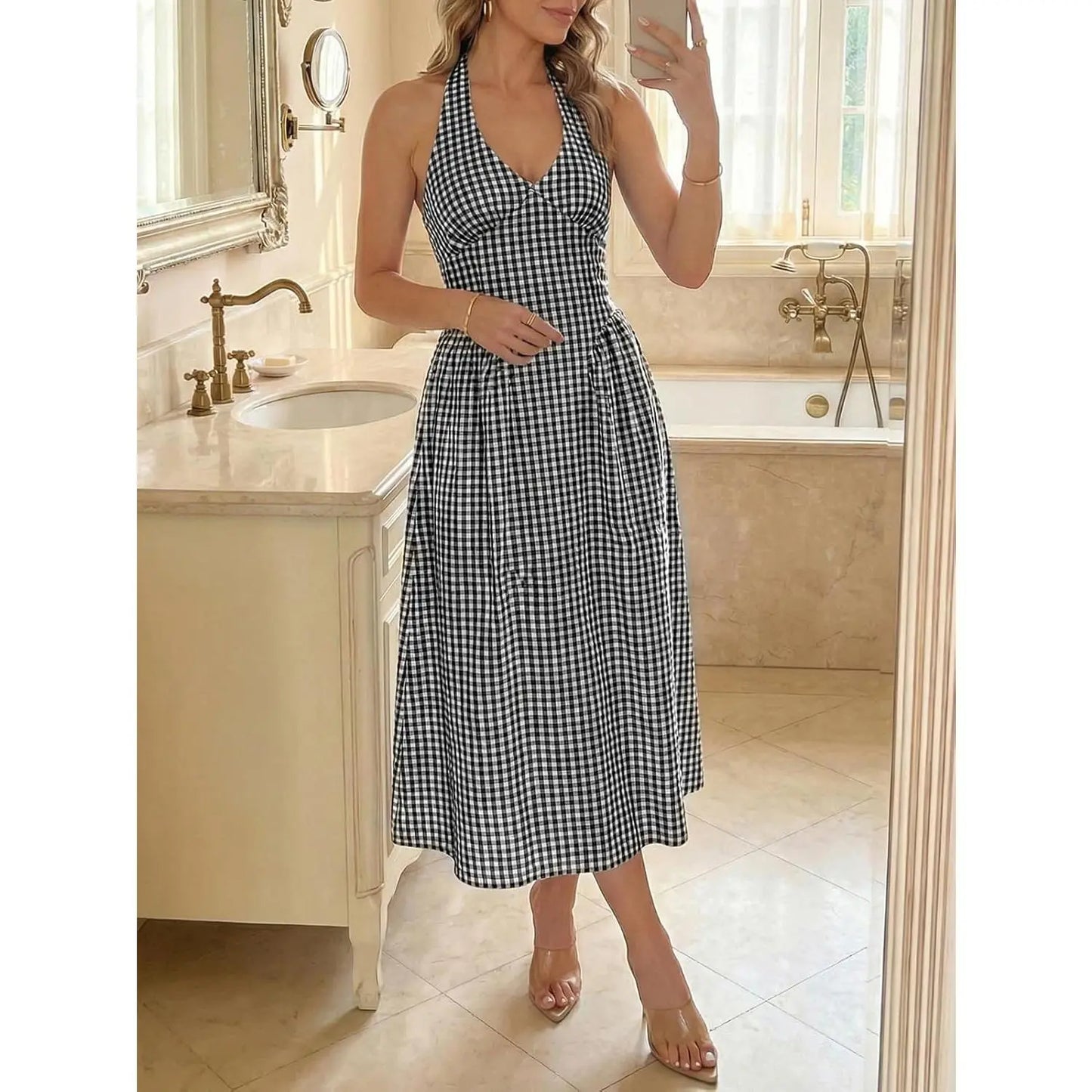Wenrine Womens Halter V Neck Corset Maxi Dresses Summer Plaid Smocked Tie Back Backless Wedding Guest Drop Waist Dress