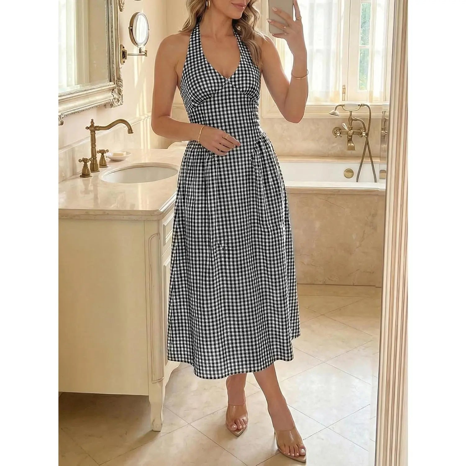Wenrine Womens Halter V Neck Corset Maxi Dresses Summer Plaid Smocked Tie Back Backless Wedding Guest Drop Waist Dress