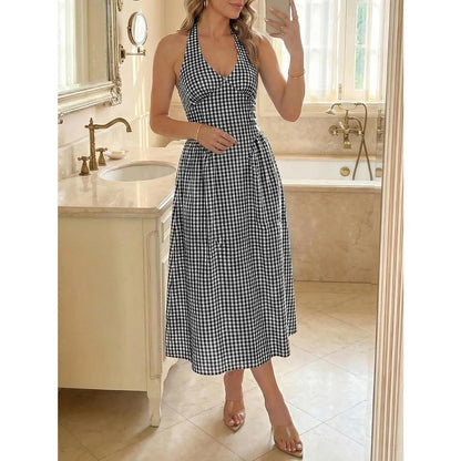 Wenrine Womens Halter V Neck Corset Maxi Dresses Summer Plaid Smocked Tie Back Backless Wedding Guest Drop Waist Dress