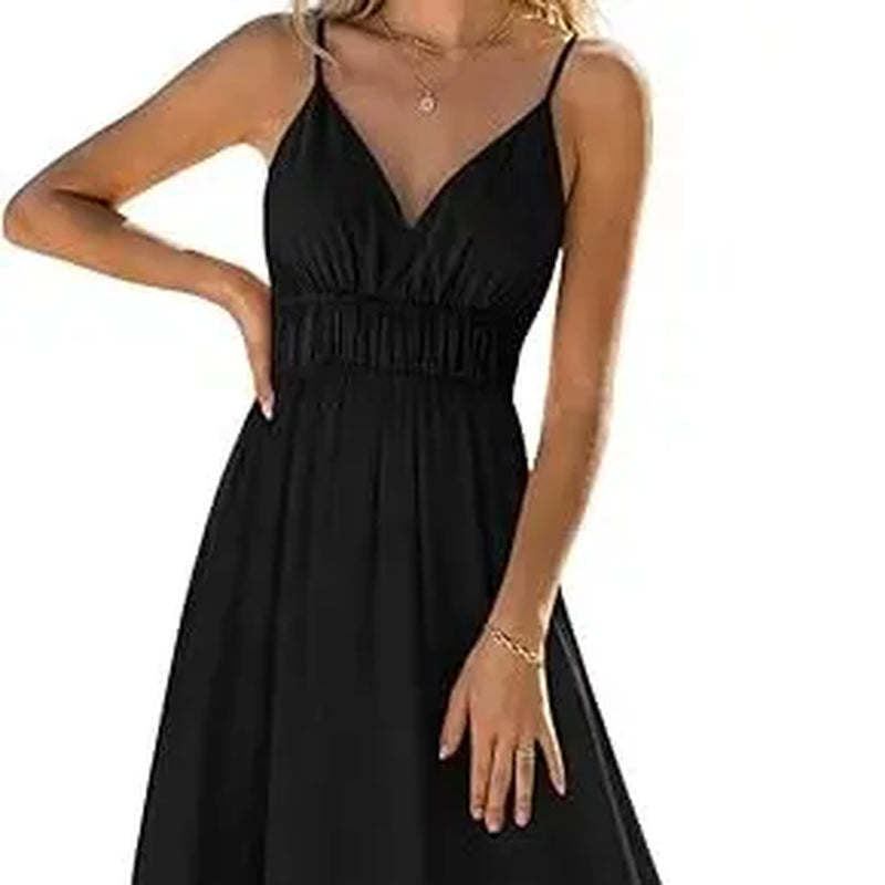 Yousify Womens Deep V Neck Maxi Dresses Sleeveless Ruched Flowy Dress Summer Casual Beach Vacation Outfits Plain Style Basic Minimalist